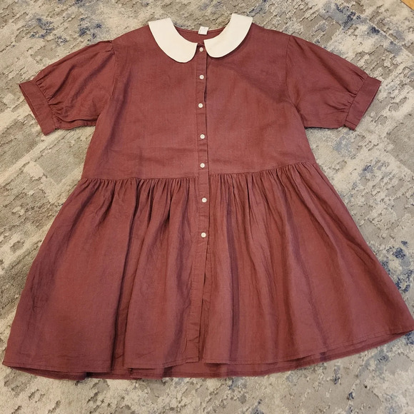 Eva Linen Peterpan Collar Puff Sleeve Button Front Mauve Mini Dress. Free Size - Picture 11 of 16